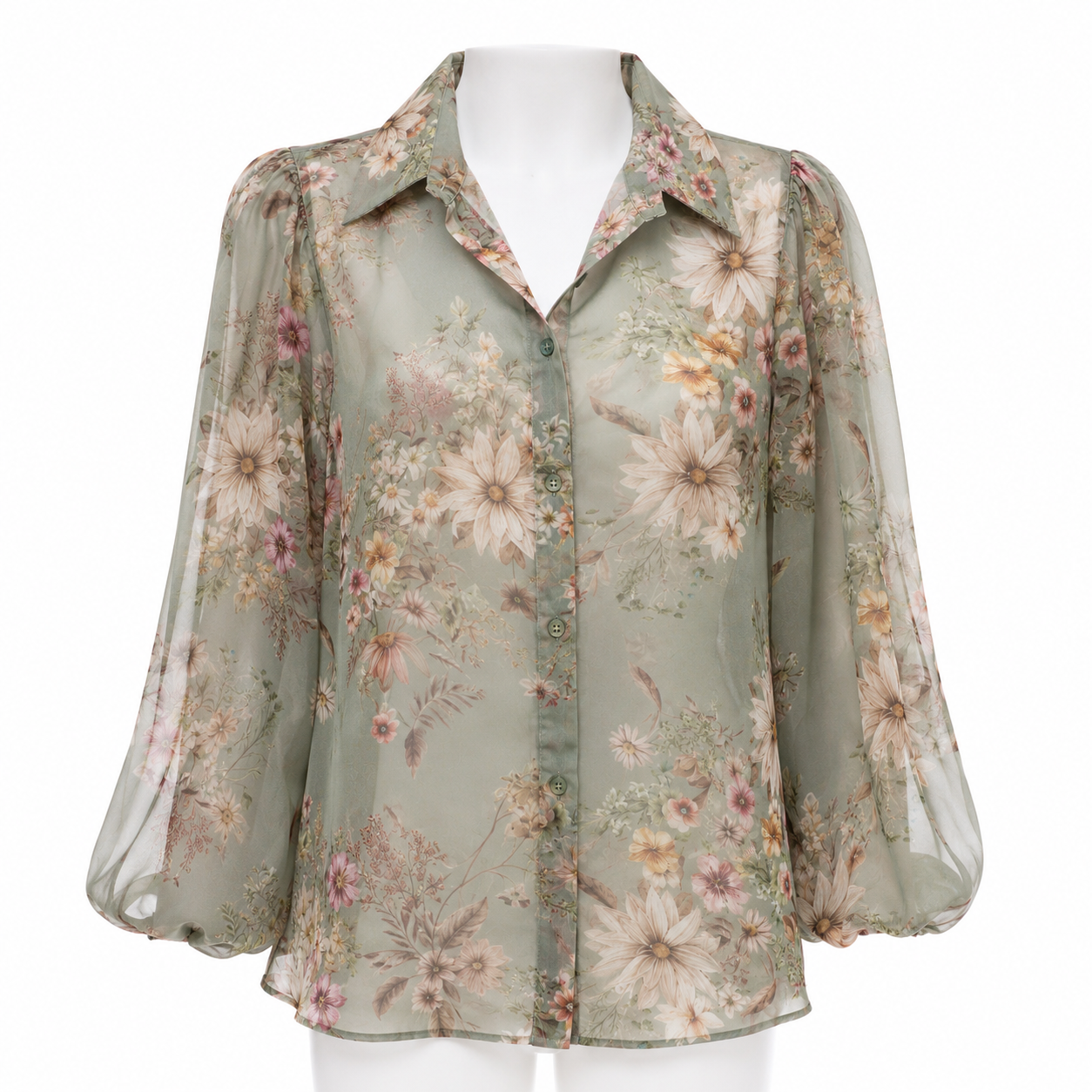 Green Floral Sheer Chiffon Blouse with Balloon Sleeves