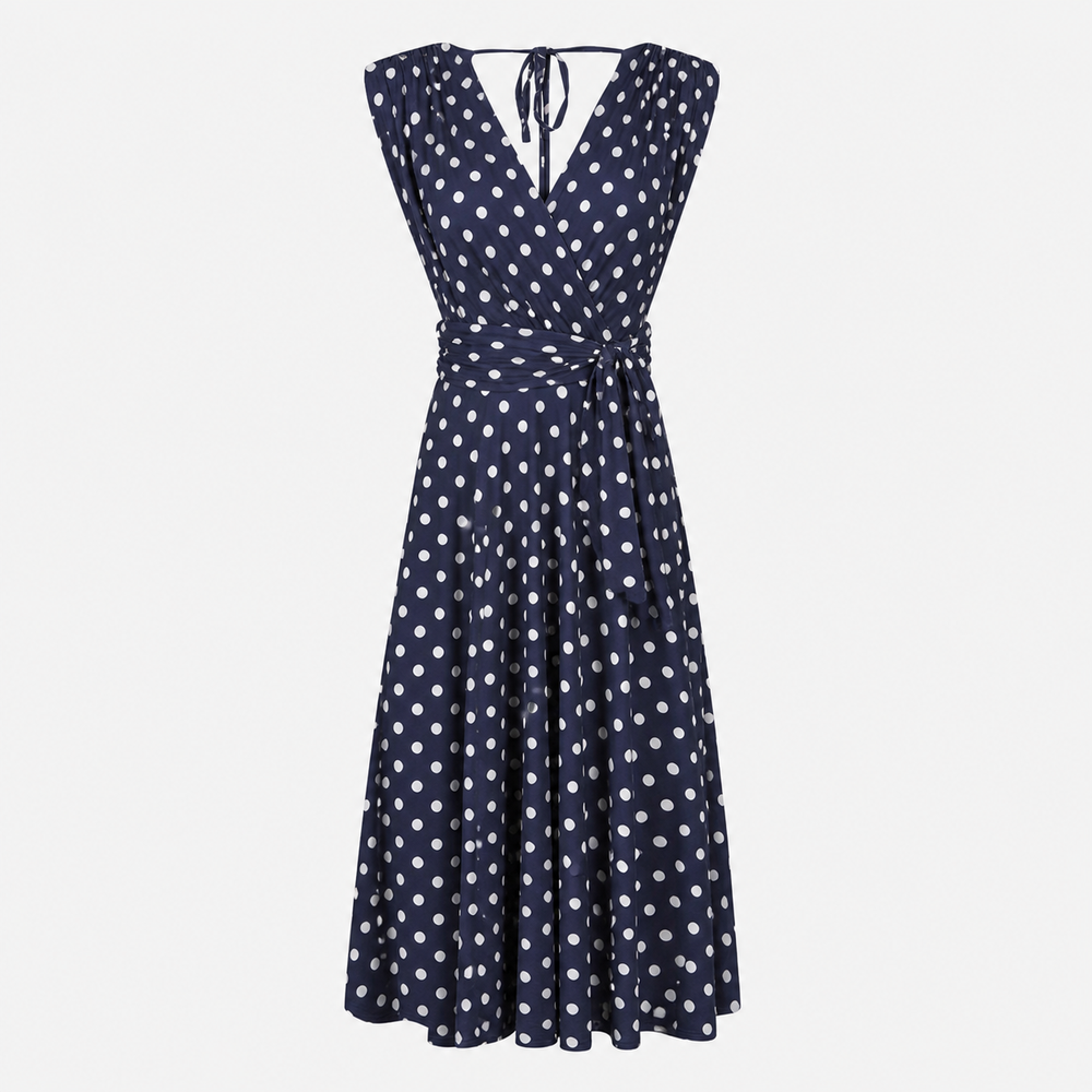 Navy Blue Polka Dot V Neck Crossover Top Empire Waist Swing Dress