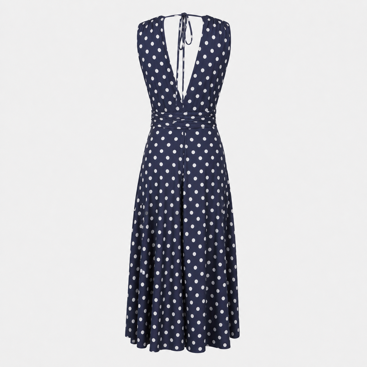 Navy Blue Polka Dot V Neck Crossover Top Empire Waist Swing Dress