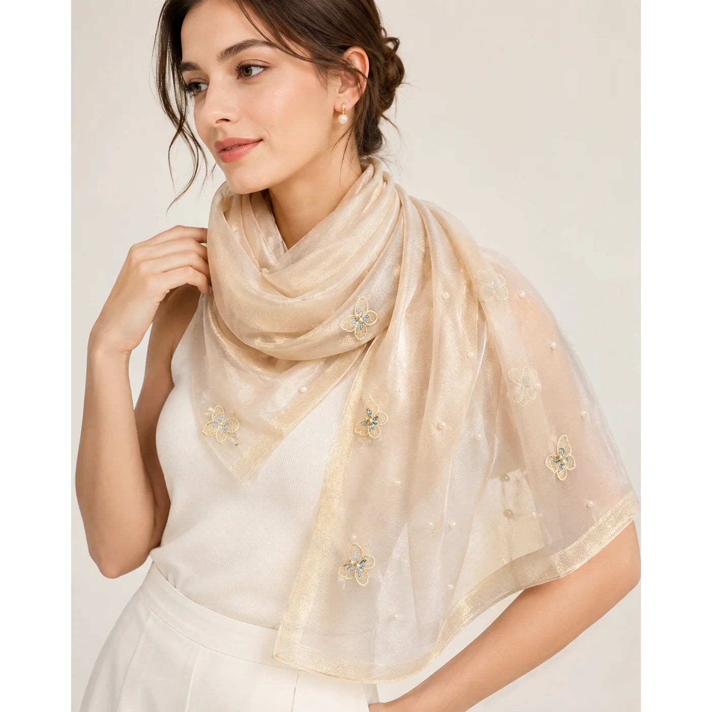 Blush Gold Silk Scarf With Butterflies And Pearls