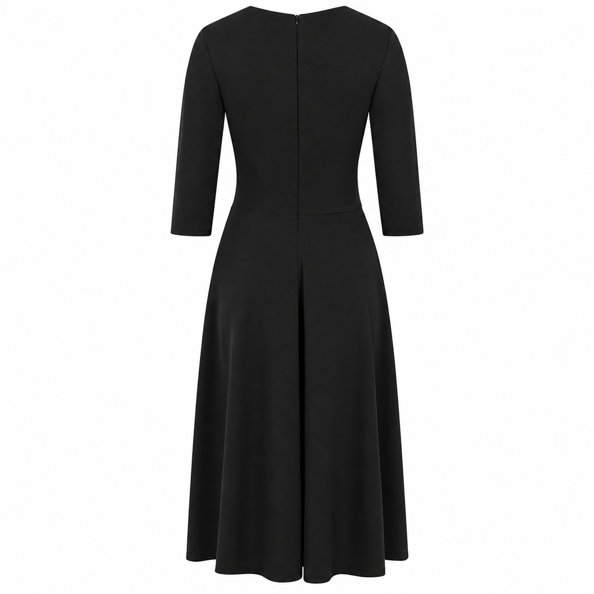 Black Deep V Neck A Line Vintage Ruched Waist 3/4 Sleeve Swing Midi Dress