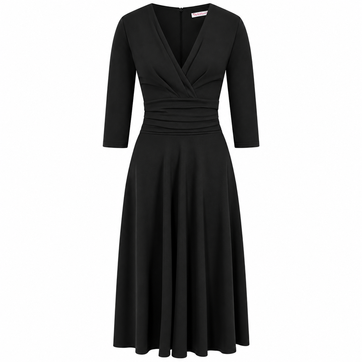Black Deep V Neck A Line Vintage Ruched Waist 3/4 Sleeve Swing Midi Dress