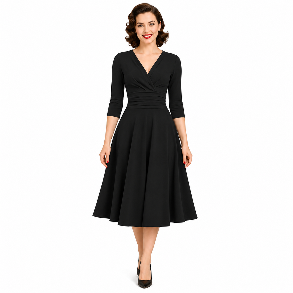 Black Deep V Neck A Line Vintage Ruched Waist 3/4 Sleeve Swing Midi Dress