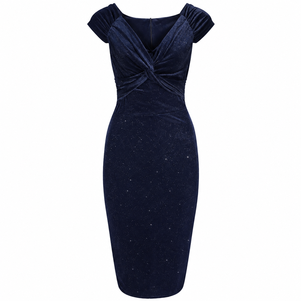 1950s Vintage Style Navy Glitter V Neck Knee Length Occasion Wiggle Dress