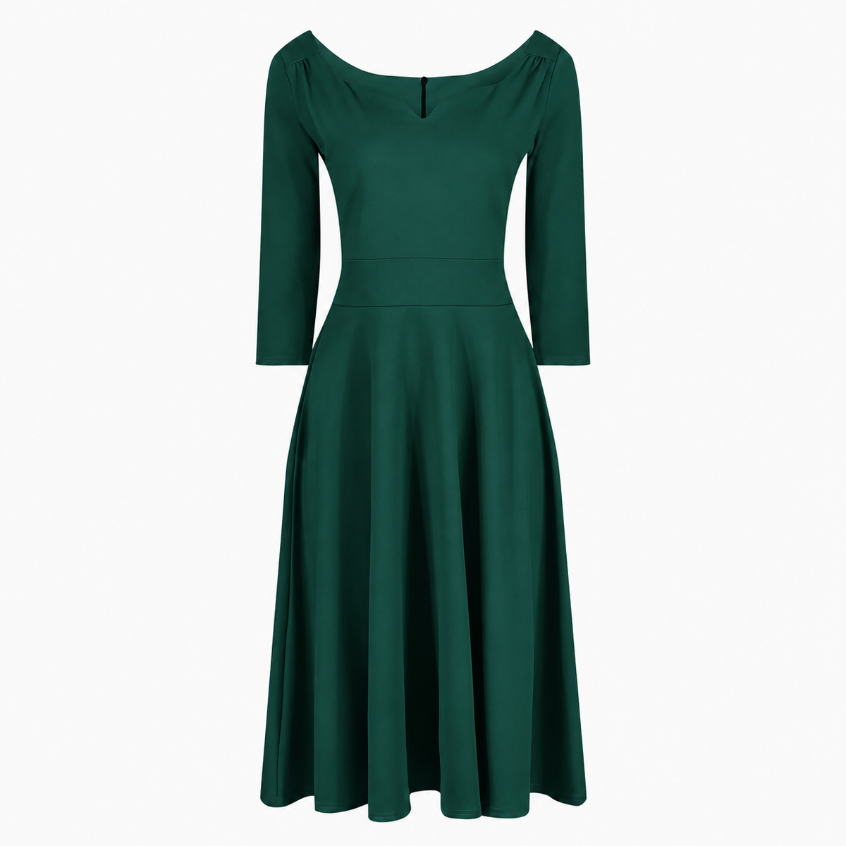 Forest Green Diamond Neckline 3/4 Sleeve Vintage Swing Midi Dress