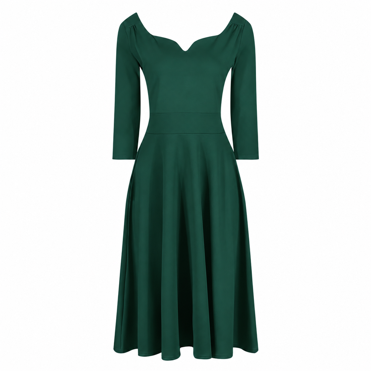 Forest Green Diamond Neckline 3/4 Sleeve Vintage Swing Midi Dress