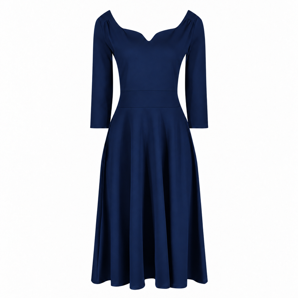 1950s Style 3/4 Sleeve Navy Blue Midi Swing Dress Diamond Neckline