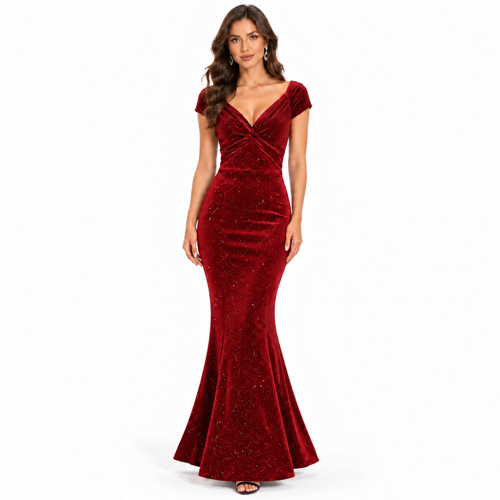 Wine Red Diamante Glitter Sparkle Cap Sleeve Twist Bust Fishtail Hem Maxi Dress
