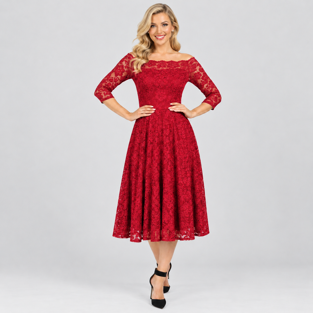 Red Lace Vintage Style Swing Dress With 3/4 Sleeves & Boat Neck