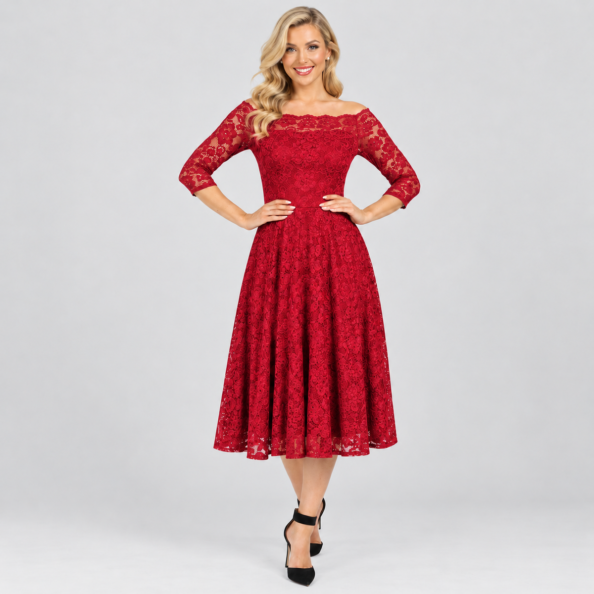 Red Lace Vintage Style Swing Dress With 3/4 Sleeves & Boat Neck