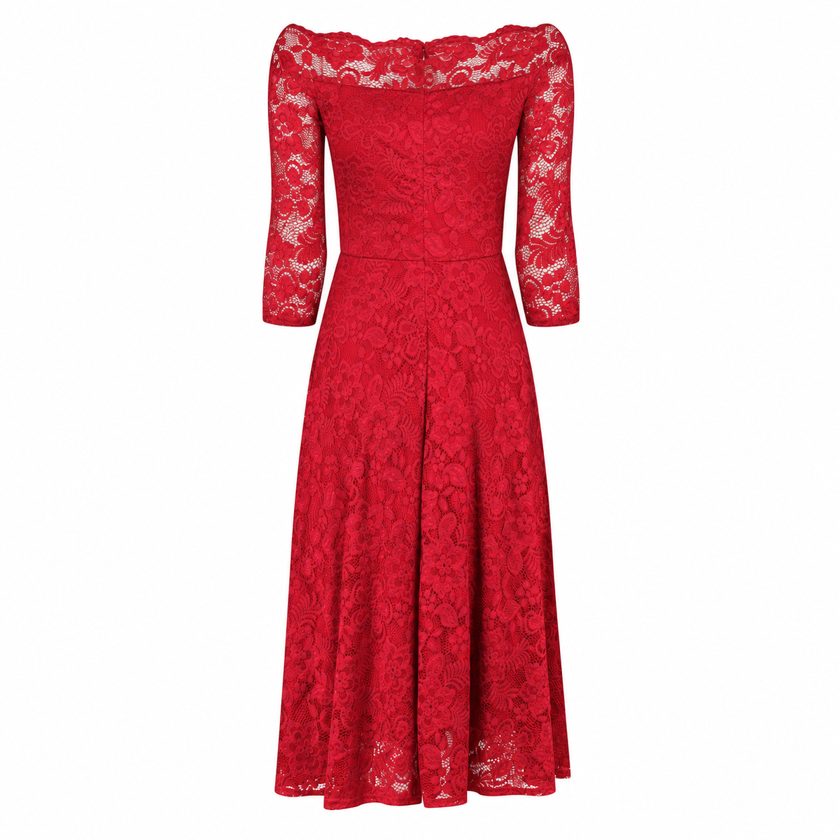 Red Lace Vintage Style Swing Dress With 3/4 Sleeves & Boat Neck