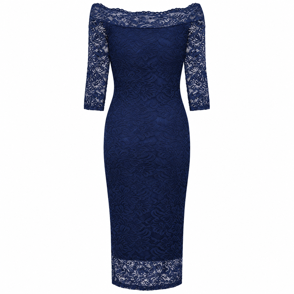 Navy Lace 3/4 Sleeve Vintage Bardot Bodycon Wiggle Dress
