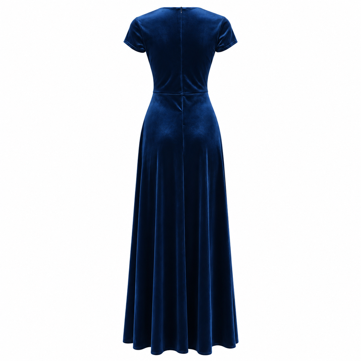 1940s Inspired Navy Blue Velour V Neck Cap Sleeve Maxi Dress