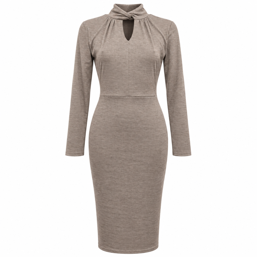 Gold Taupe Twist Neck Long Sleeve Occasion Dress