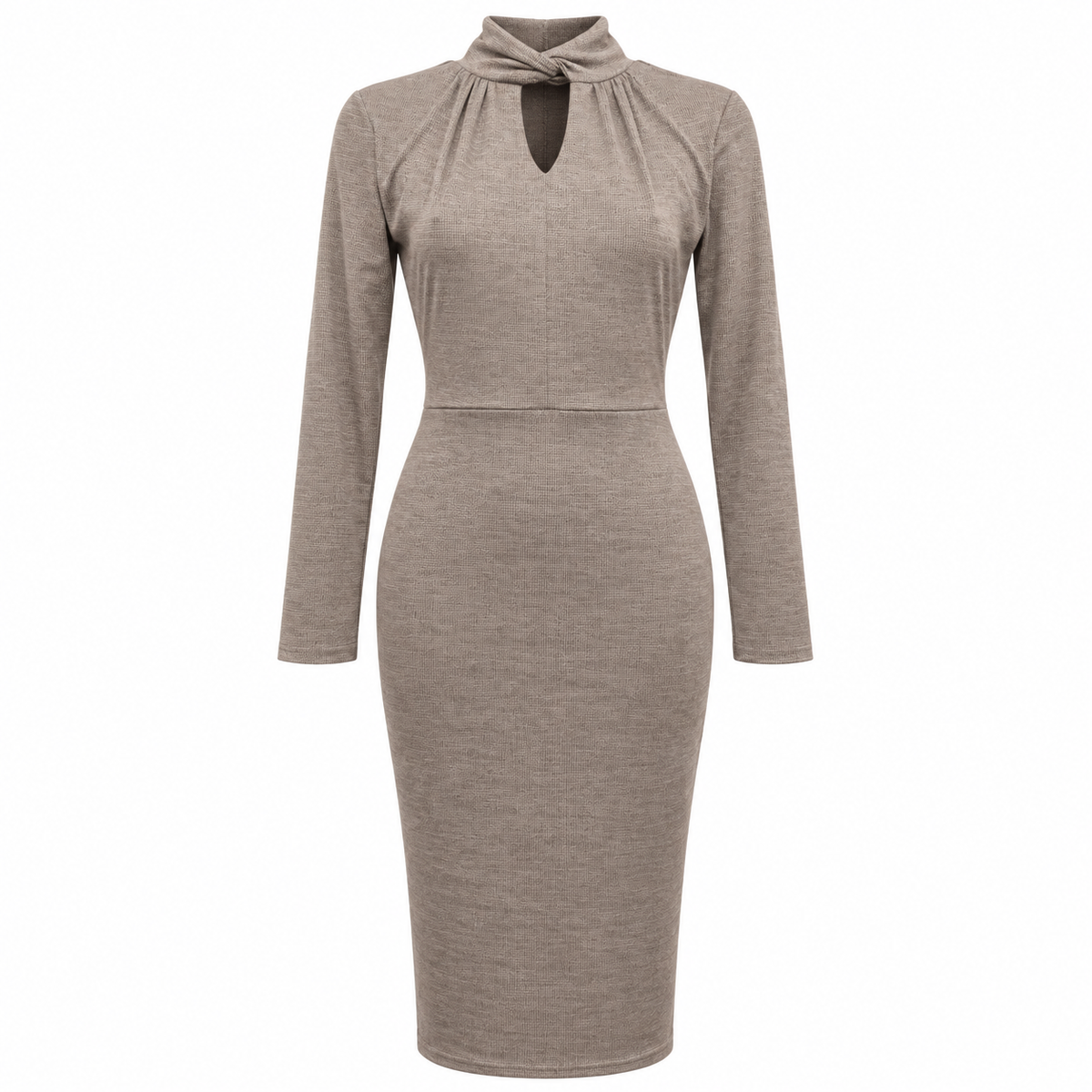 Gold Taupe Twist Neck Long Sleeve Occasion Dress