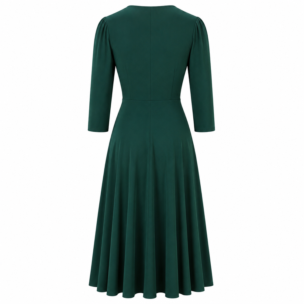 1940s Forest Green Vintage Style Wrap Midi Dress With Long Sleeves