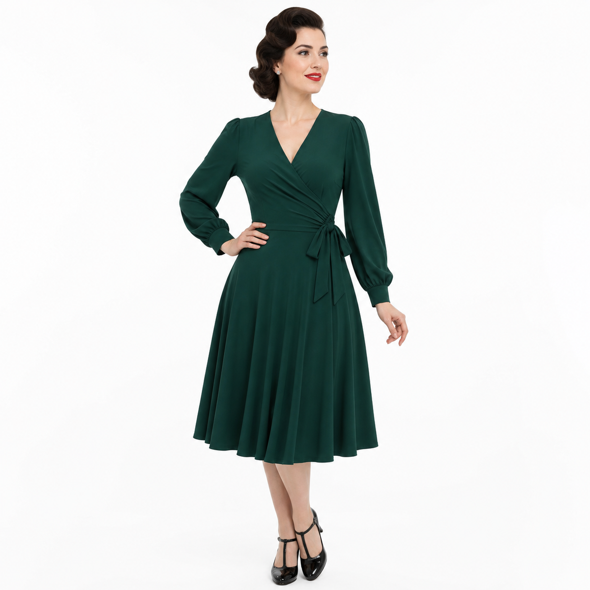 1940s Forest Green Vintage Style Wrap Midi Dress With Long Sleeves