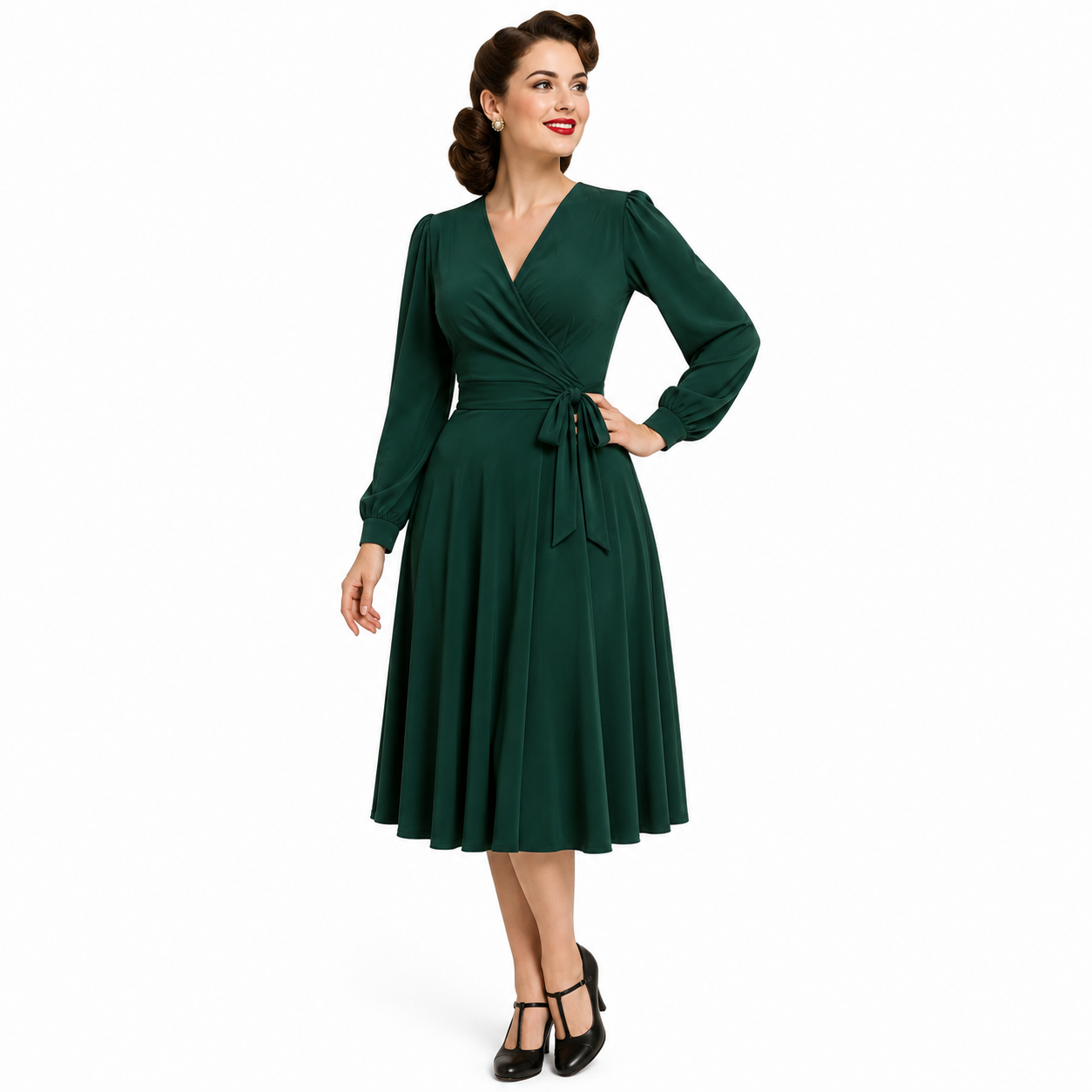 1940s Forest Green Vintage Style Wrap Midi Dress With Long Sleeves