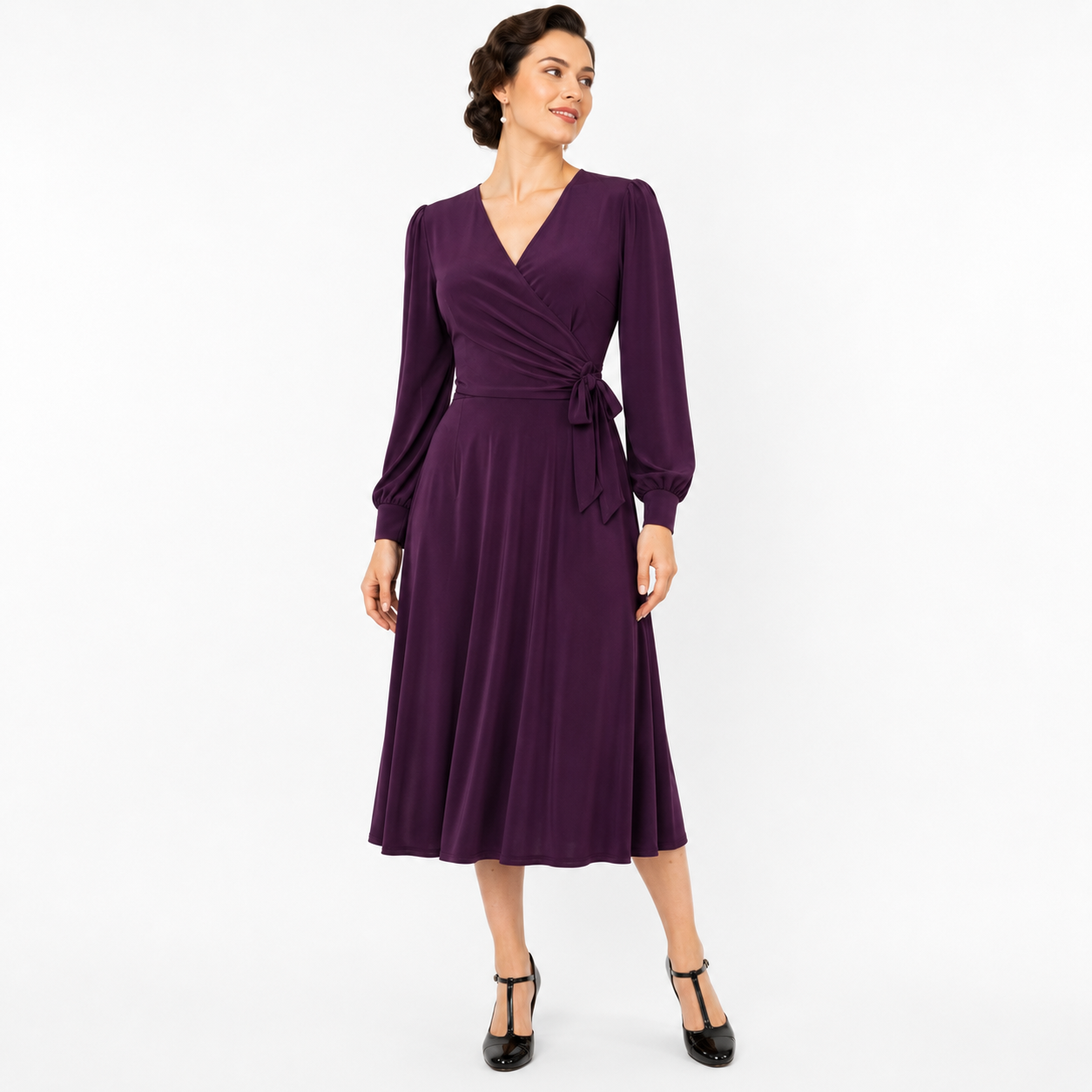 1940s Aubergine Vintage Style Wrap Midi Dress With Long Sleeves