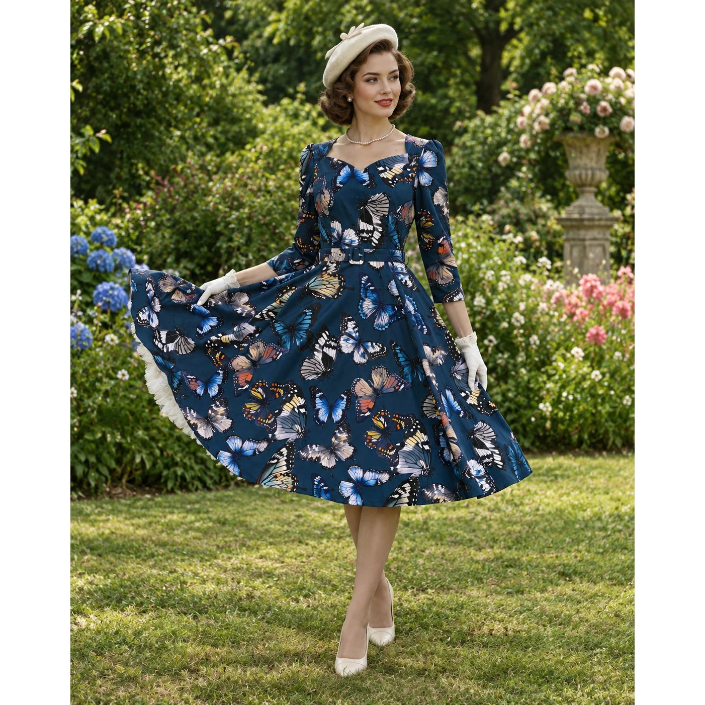 Navy Butterfly Print 1950s Swing Dress with 3/4 Sleeves And Pockets
