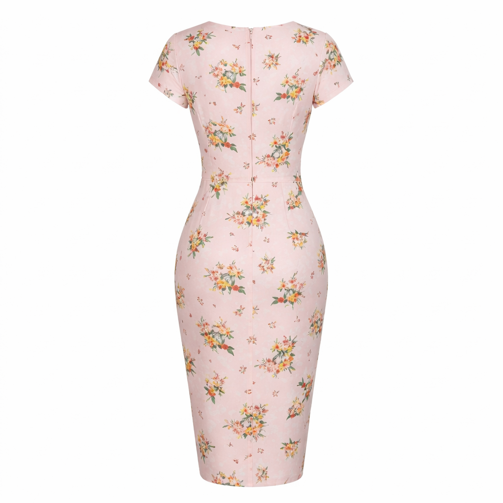Vintage Pink Floral Wiggle Dress – 1950s Style V Neck Ruched Waist Pencil Dress