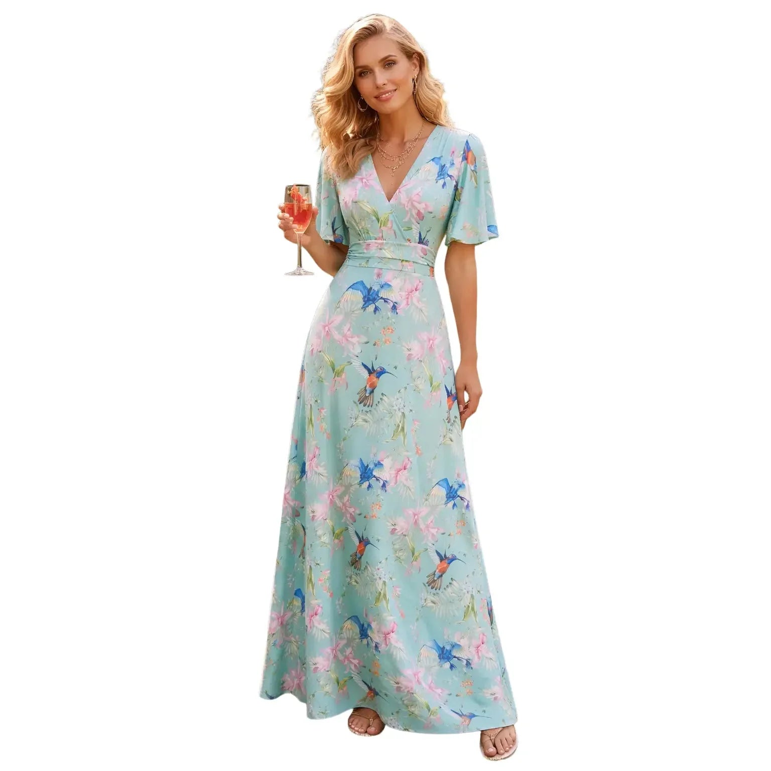 Vintage Aqua Blue Tropical Bird Print UK Wrap Style Maxi Dress