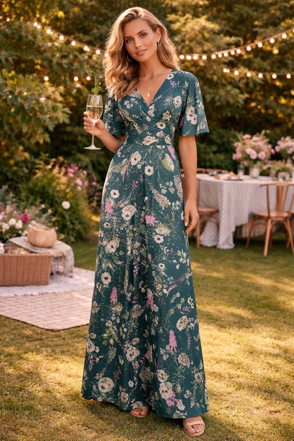 Green Floral Print Waterfall Sleeve Maxi Dress