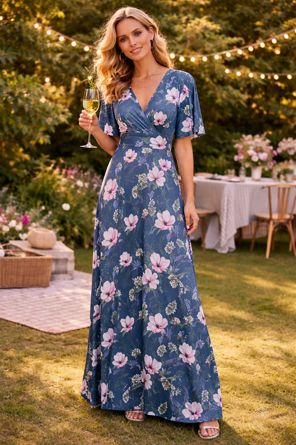 1950s Vintage Style Navy Blue Floral Maxi Dress - Short Flutter Sleeve V-Neck