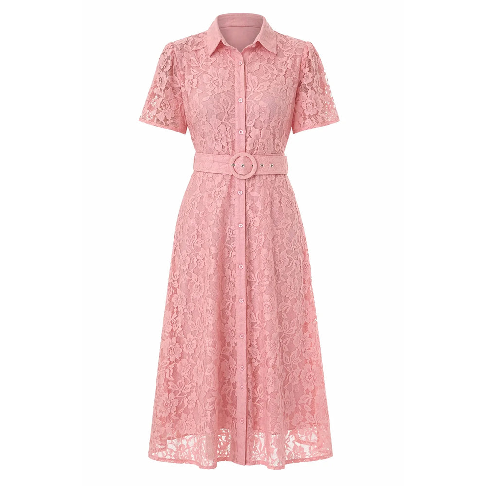 Pink Lace Short Sleeve Button Shirt Midi Tea Dress