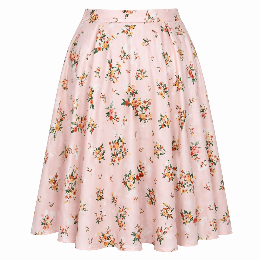 Summer Pink Floral Swing Skirt – 1950s A-Line Full Skirt with High Waist