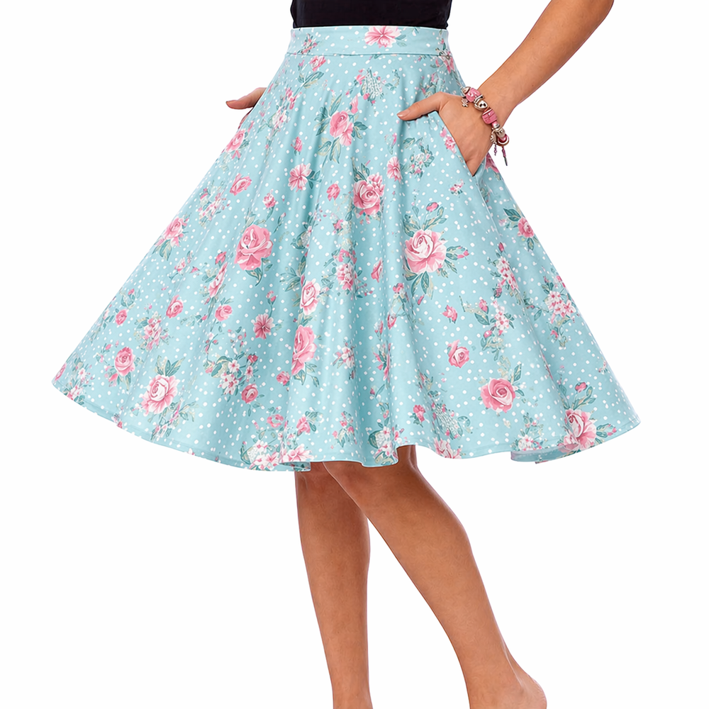 Blue Pink Floral Polka Dot Swing Skirt – 1950s A-Line Full Skirt with High Waist