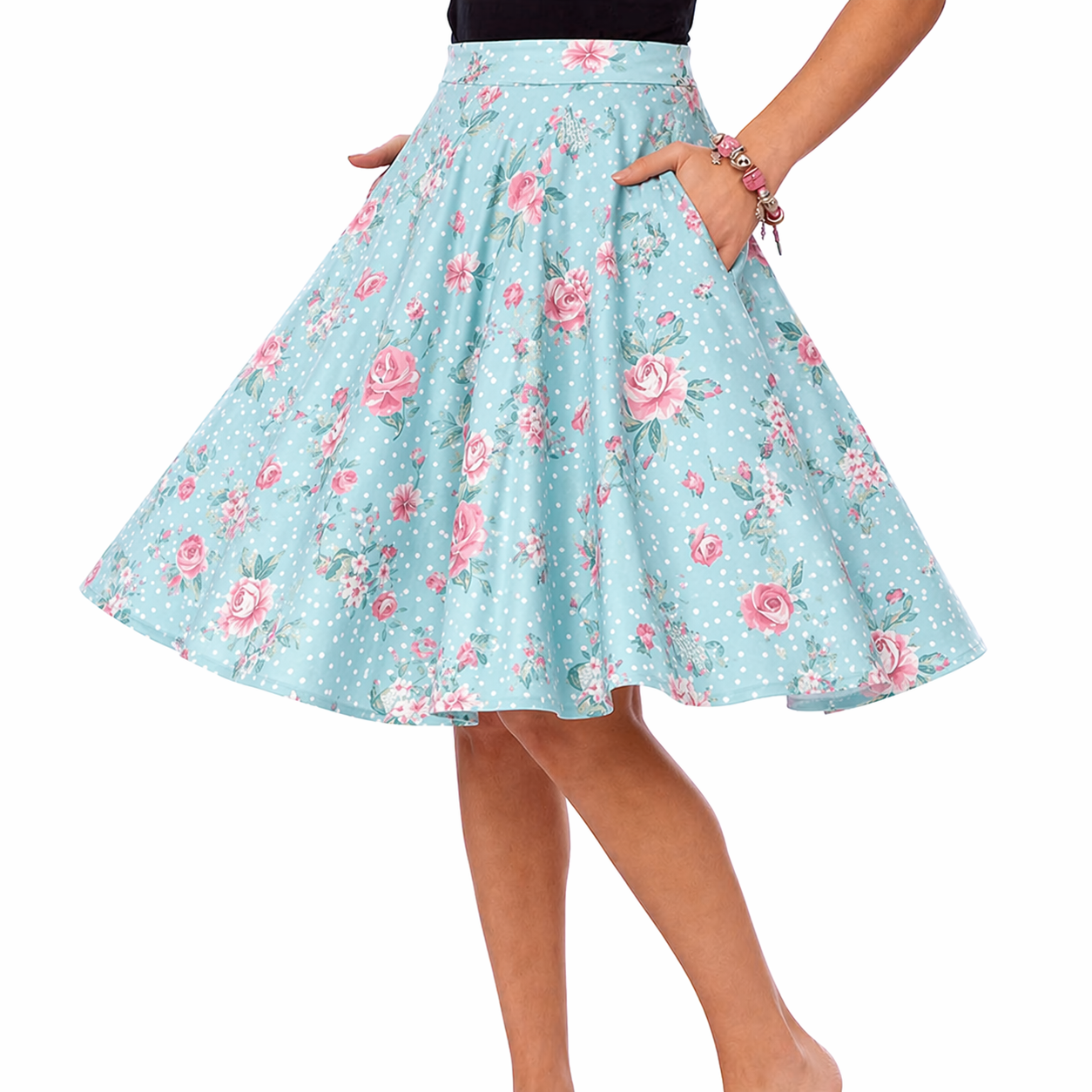 Blue Pink Floral Polka Dot Swing Skirt – 1950s A-Line Full Skirt with High Waist
