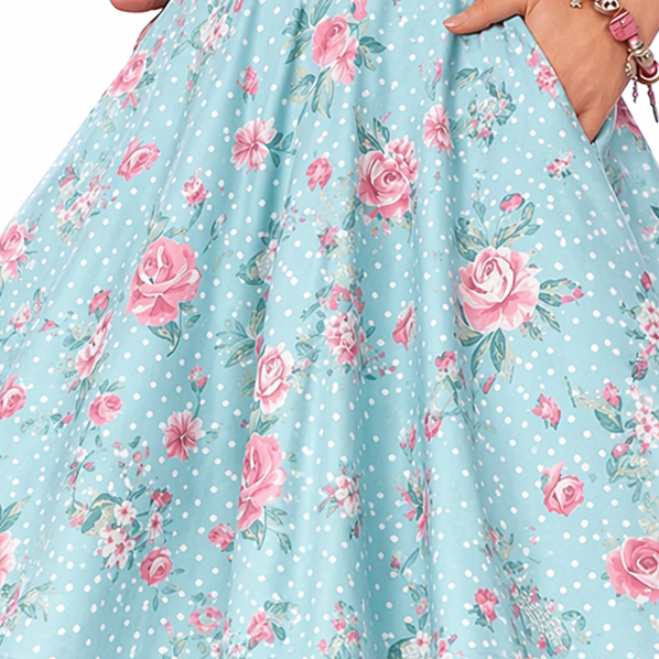 Blue Pink Floral Polka Dot Swing Skirt – 1950s A-Line Full Skirt with High Waist