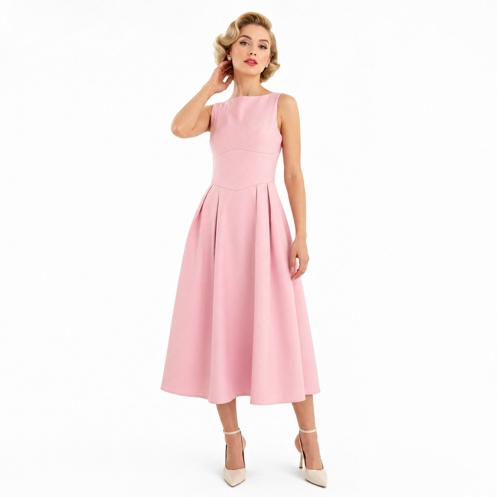Pink Sleeveless Midi Dress with Pockets – Vintage Inspired Fit & Flare Occasion Dress