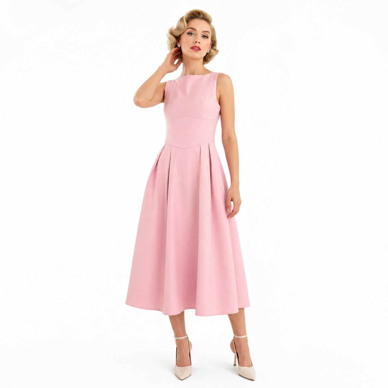 Pink Sleeveless Midi Dress with Pockets – Vintage Inspired Fit & Flare Occasion Dress