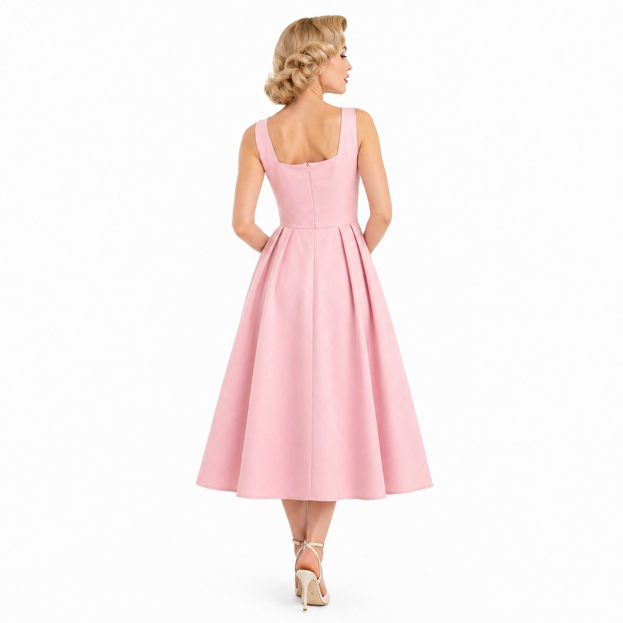 Pink Sleeveless Midi Dress with Pockets – Vintage Inspired Fit & Flare Occasion Dress
