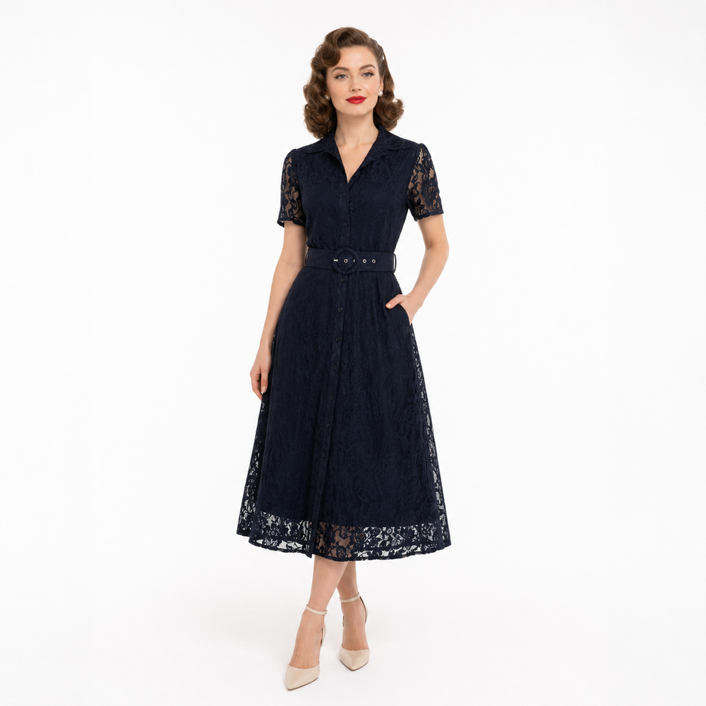 Navy Lace Short Sleeve Button Shirt Midi Tea Dress