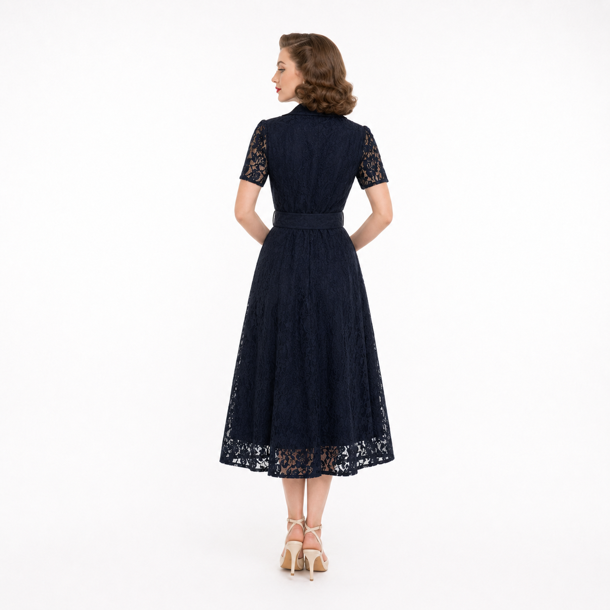 Navy Lace Short Sleeve Button Shirt Midi Tea Dress