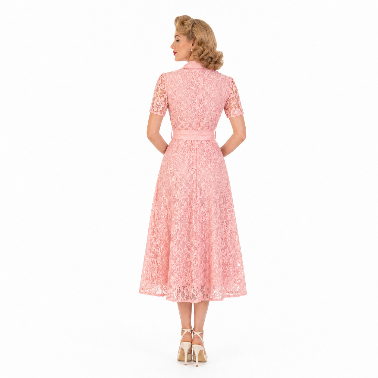 Pink Lace Short Sleeve Button Shirt Midi Tea Dress