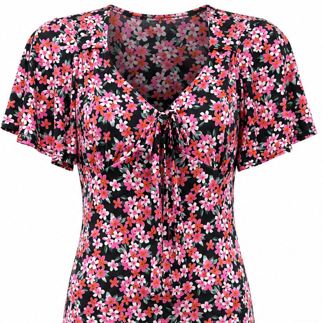 Vintage Inspired Black Floral Tie Front Midi Dress with Flutter Sleeves