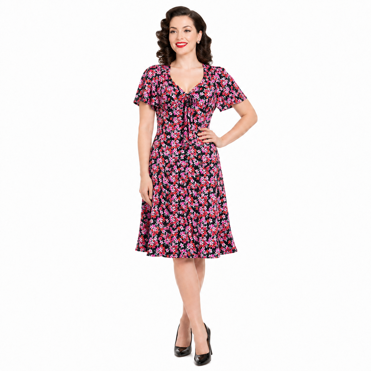 Vintage Inspired Black Floral Tie Front Midi Dress with Flutter Sleeves