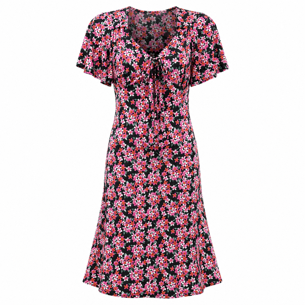 Vintage Inspired Black Floral Tie Front Midi Dress with Flutter Sleeves