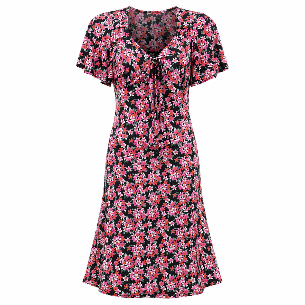Vintage Inspired Black Floral Tie Front Midi Dress with Flutter Sleeves