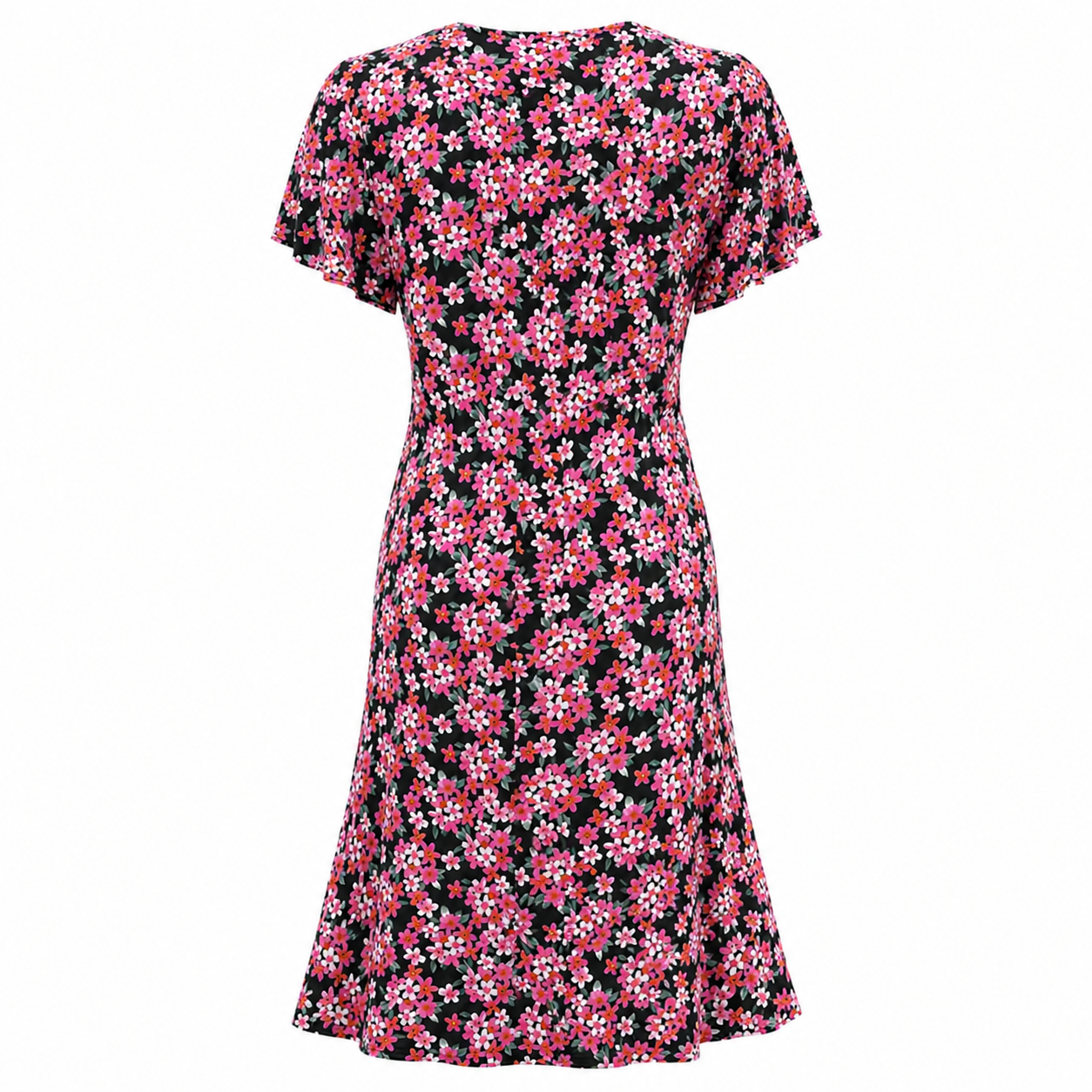 Vintage Inspired Black Floral Tie Front Midi Dress with Flutter Sleeves