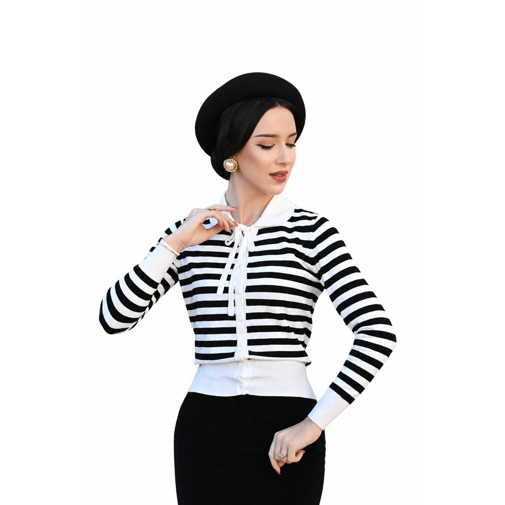 Vintage Long Sleeve Ivory And Black Stripe Bow Cardigan