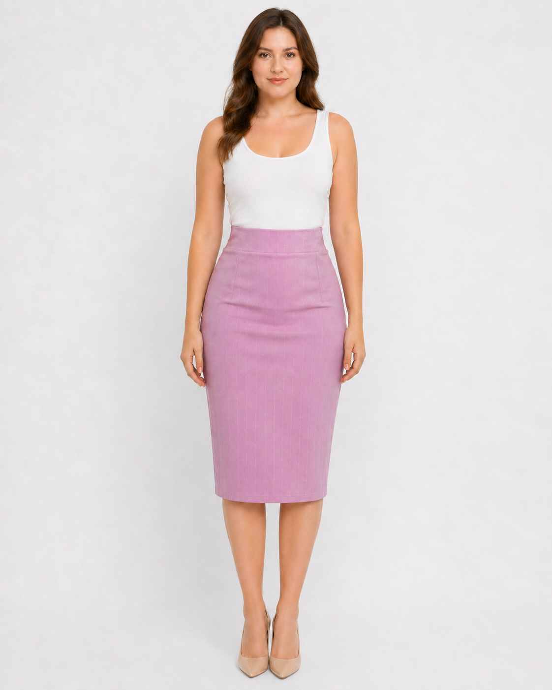 Dusky Pink Pinstripe Wiggle Skirt – High Waisted Pencil Skirt | Vintage Inspired Fit