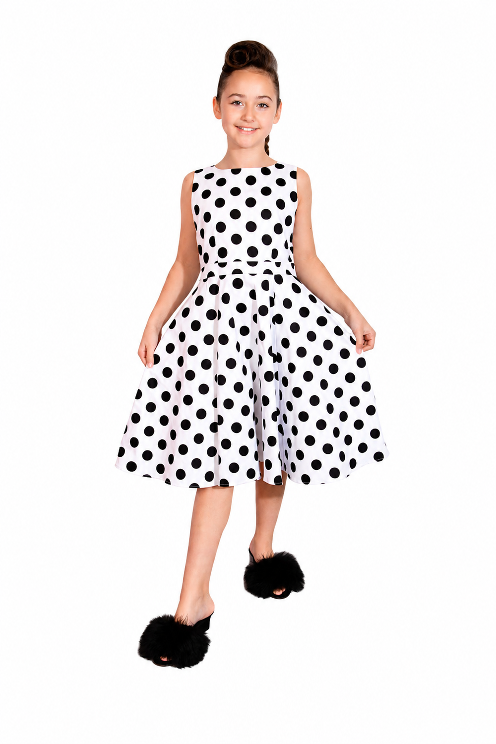 Little Kitty Girl's White Black Polka Dot Print Party Dress