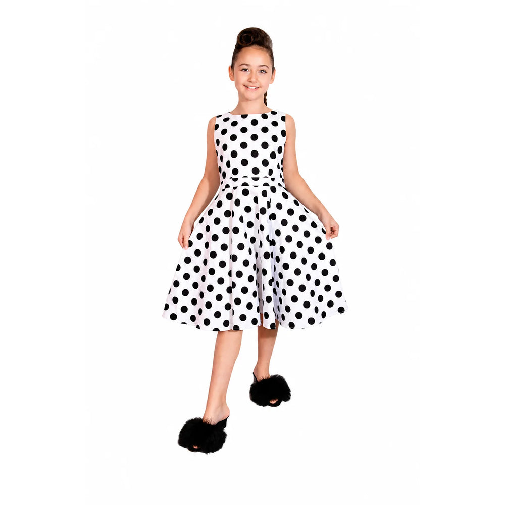 Little Kitty Girl's White Black Polka Dot Print Party Dress