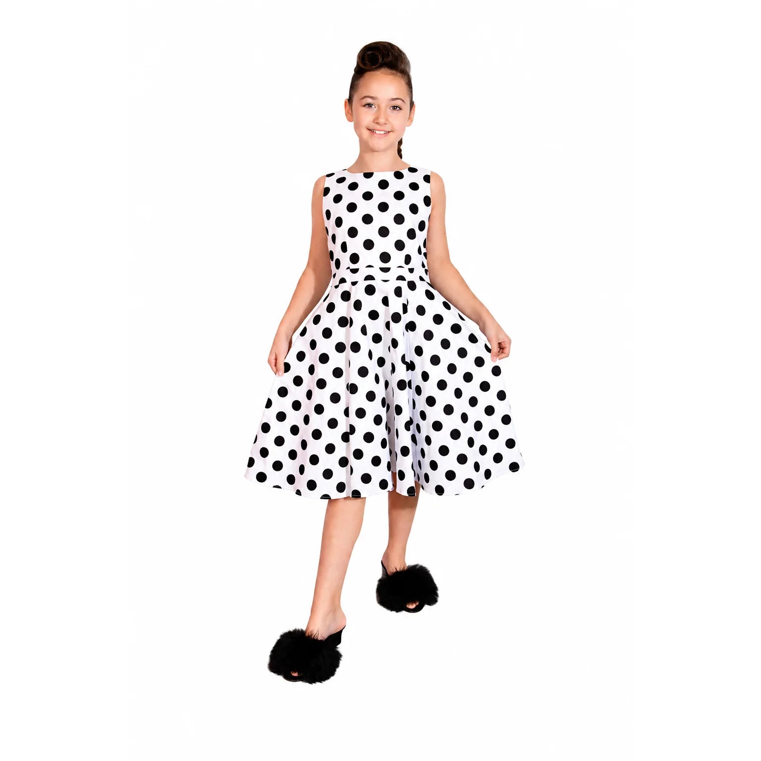 Little Kitty Girl's White Black Polka Dot Print Party Dress
