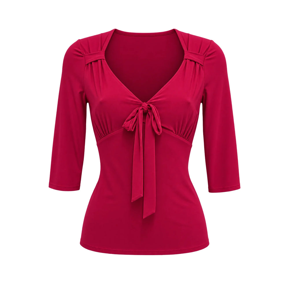 Red Tie Front V-Neck Top – Vintage Style 3/4 Sleeve Blouse Top